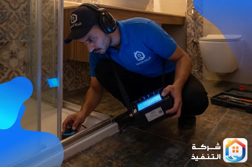 فني شركة التنفيذ يستخدم جهاز علامات تسرب المياه في المنزل في دورة مياه
