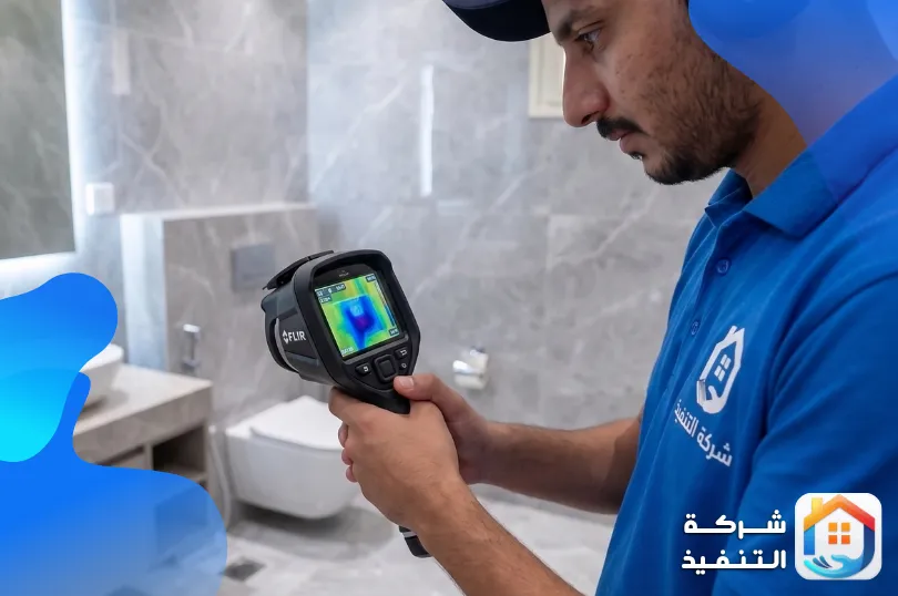 فني شركة كشف تسربات المياه بالرياض يستخدم كاميرا حرارية للكشف عن تسربات المياه في دورة مياه