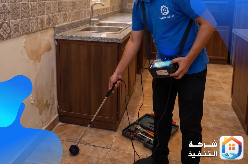 فني من شركة التنفيذ يستخدم جهازاً إلكترونياً للطرق كشف تسربات المياه بالرياض بدون تكسير في مطبخ