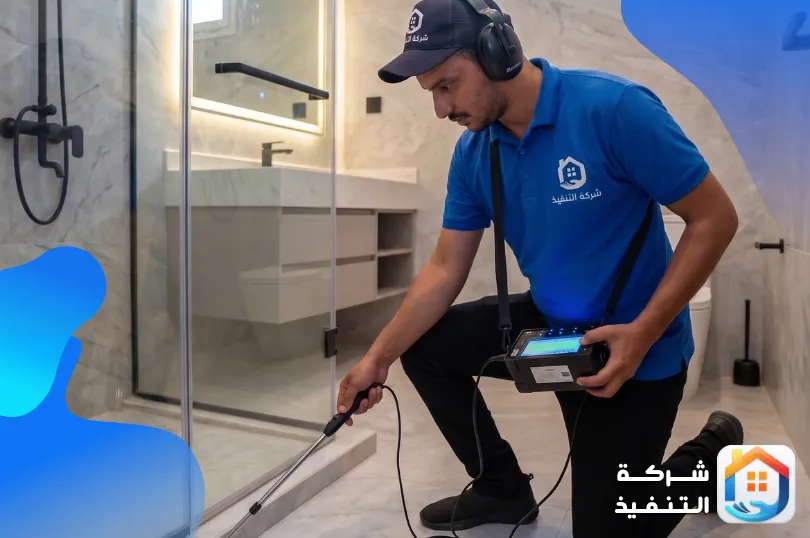 فني من شركة التنفيذ لكشف تسربات المياه بالرياض يستخدم جهازاً إلكترونياً للكشف عن تسربات المياه في الحمام