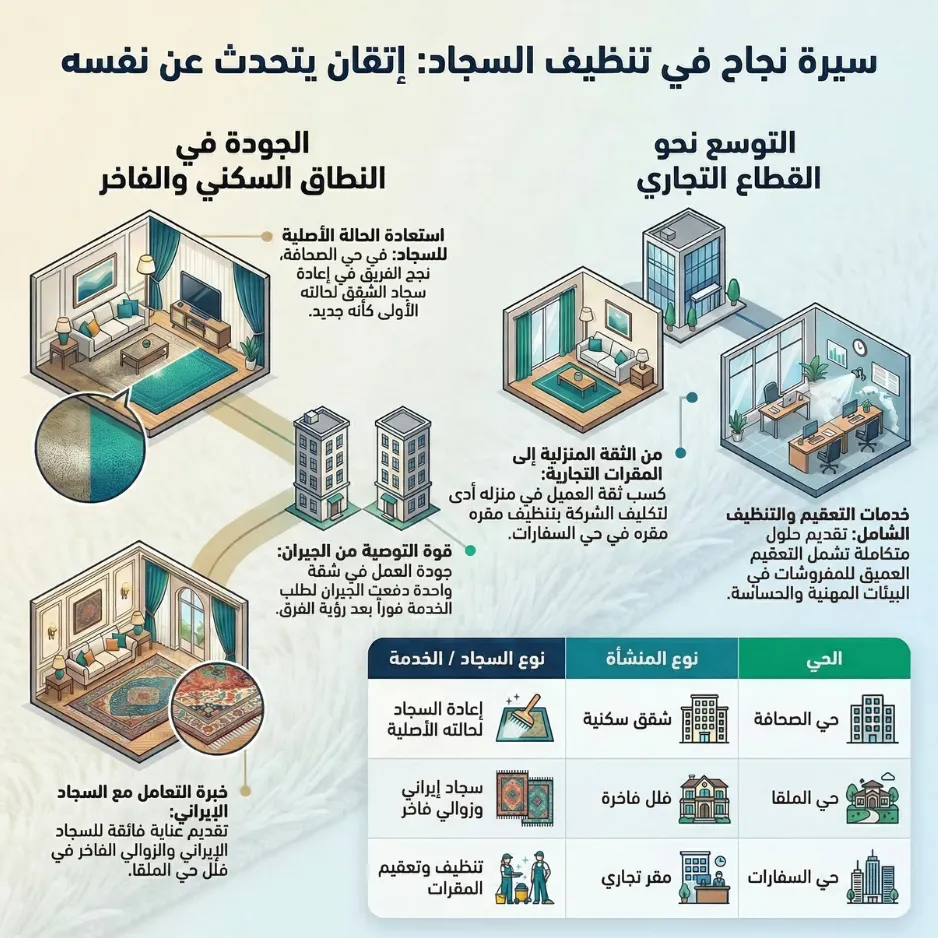 انفوجراف سابقة أعمالنا في تنظيف السجاد إتقان خدمة القطاع السكني والتجاري
