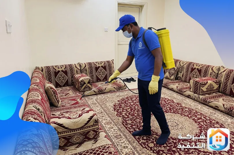 فني من شركة التنفيذ بكمامة وقفازات يرش مبيد على حواف الجلسة الأرضية في مجلس بيت بالرياض
