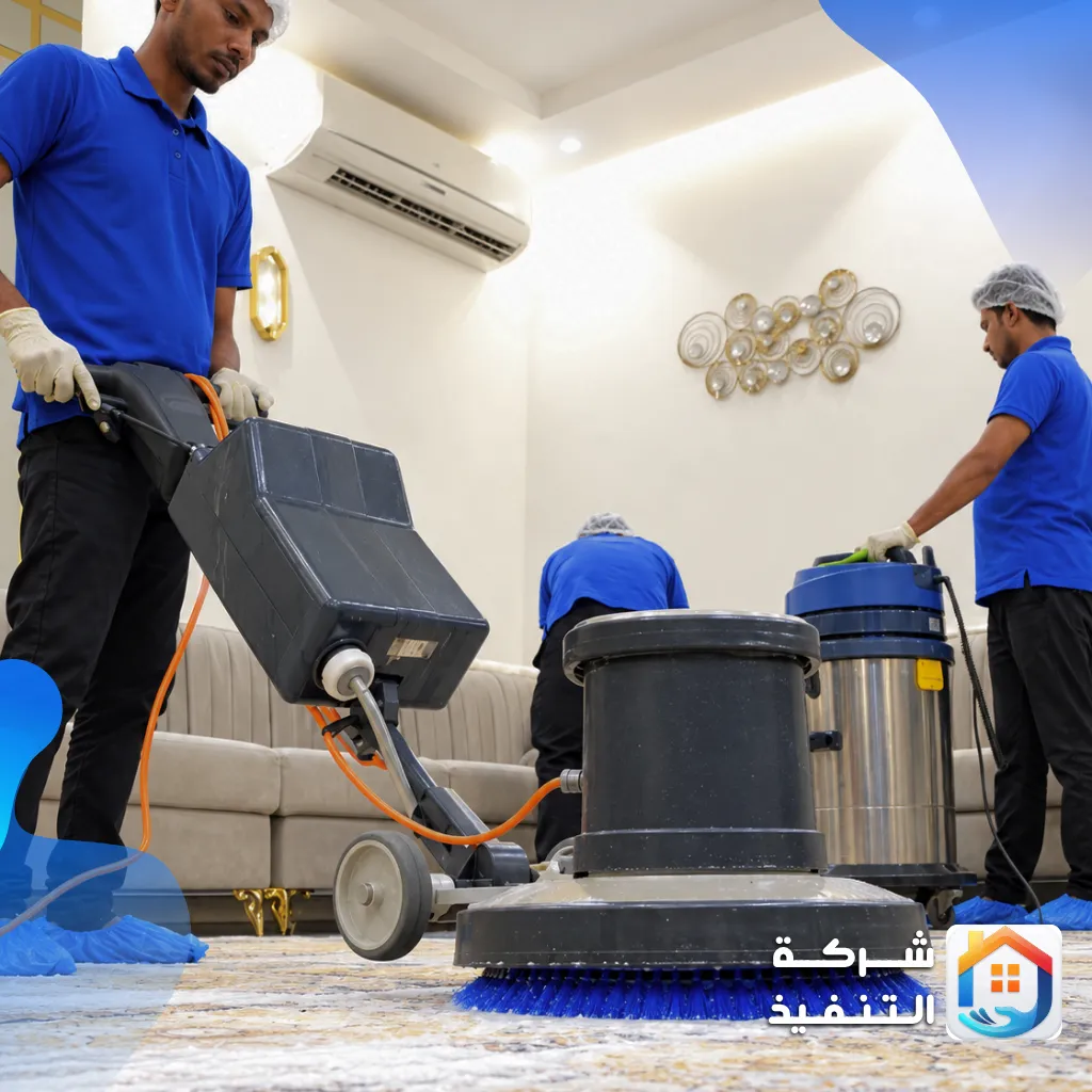 تنظيف سجاد بالمنزل في الرياض: فريق شركة تنظيف سجاد بالرياض بماكينة غسيل دوارة وجهاز شفط في مجلس