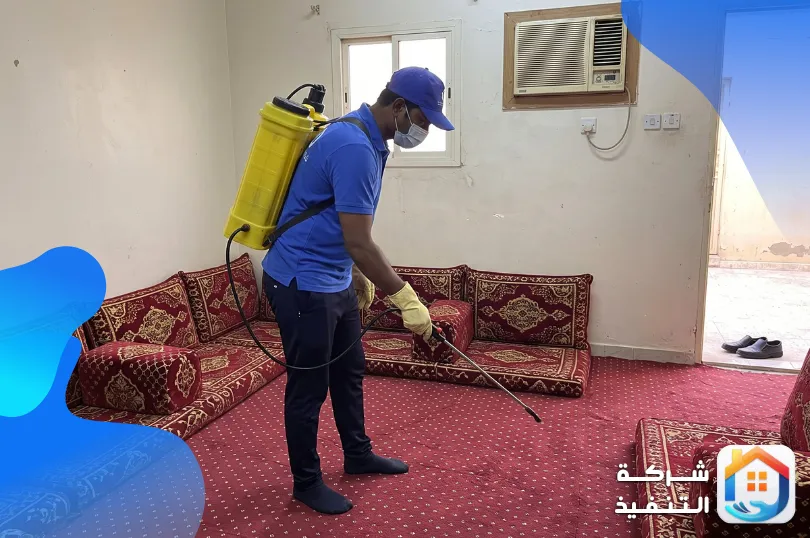 فني يرش مبيد حشري موضعي عند أطراف جلسة عربية في غرفة بيت بالرياض مع فتح الباب للتهوية