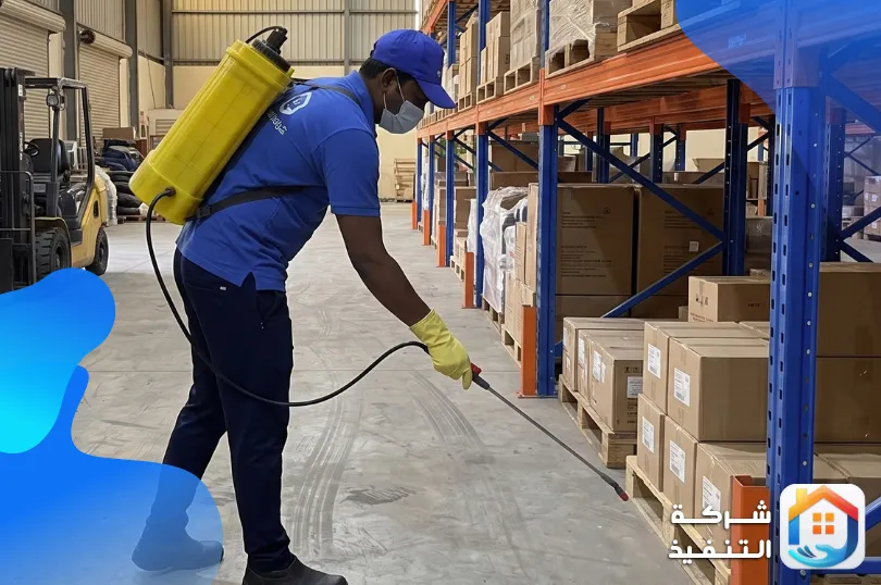 فني من شركة رش مبيدات شرق الرياض يرش أرضية مستودع كبير بجانب رفوف تخزين حديد ورافعة شوكية