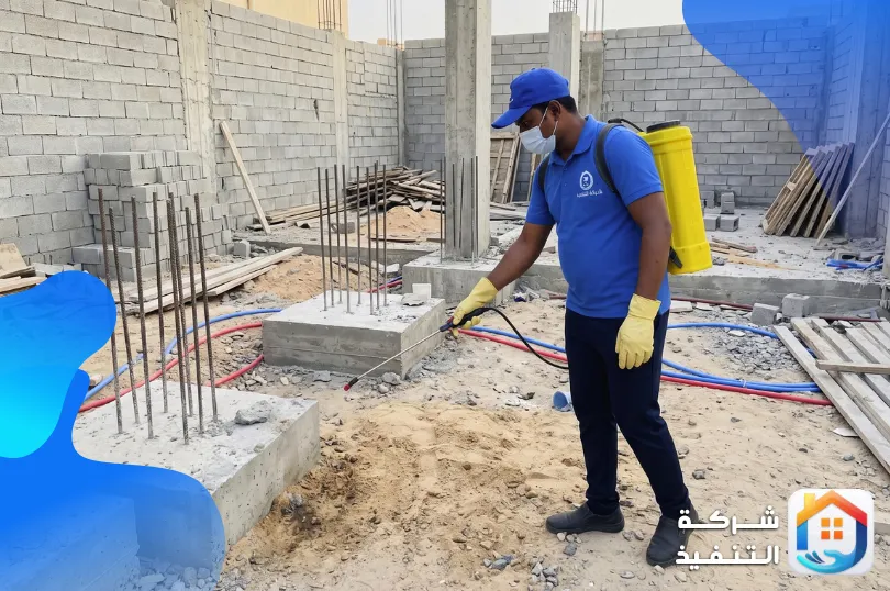 فني يرش تربة الأساسات حول قواعد الأعمدة في موقع بناء فيلا بالرياض لمكافحة النمل الابيض قبل البناء